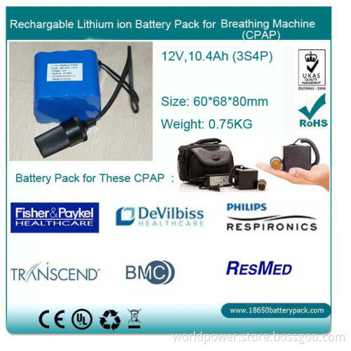 12V, 10.4ah Portable CPAP Battery Pack for Respironics, Resmed, Deviblis, F&P, BMC etc